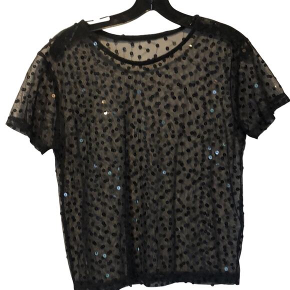 Cache Black Sheer Peek A Boo Mesh Sequin Encrusted Top Stretch Event Date - Picture 8 of 11